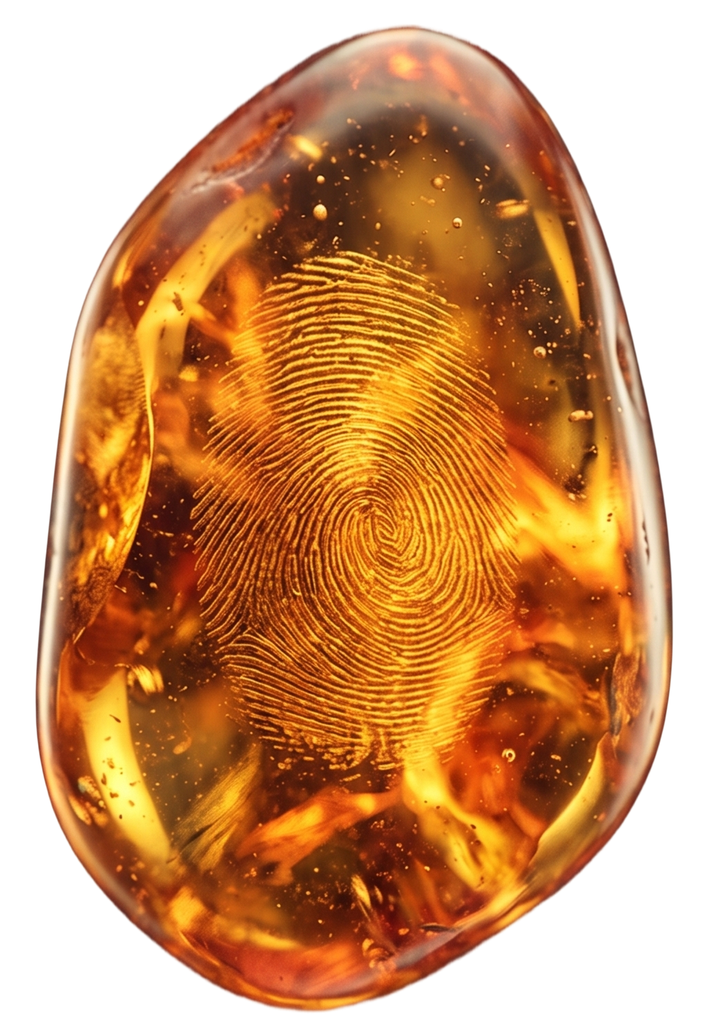 A polished amber stone with a human fingerprint preserved inside
