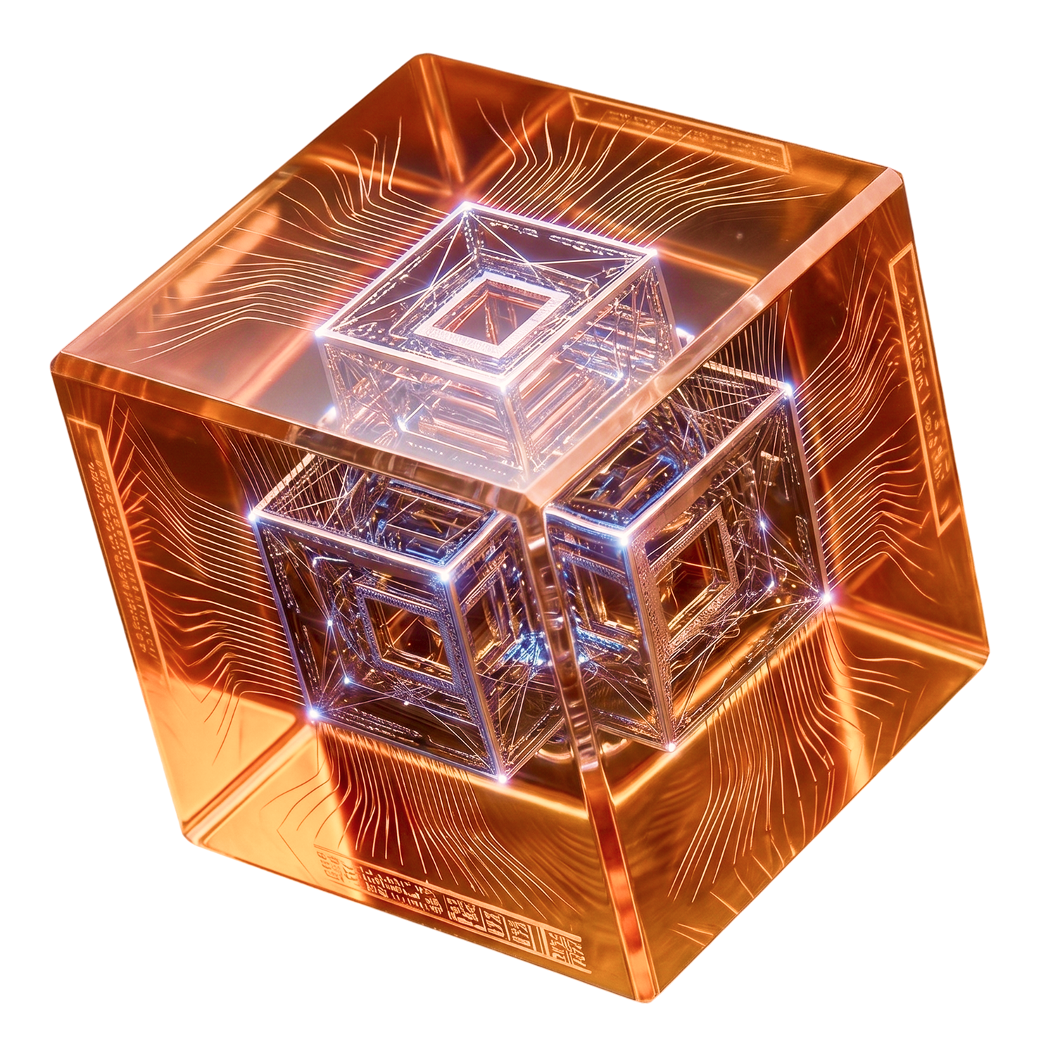 A translucent amber cube containing an inner metallic core with glowing filaments — the consciousness substrate